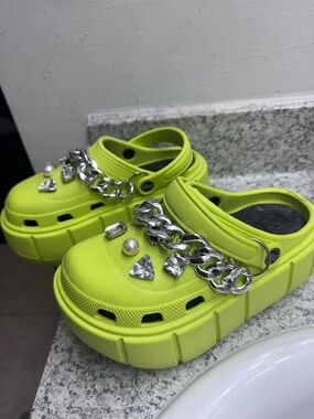 Neon Yellow Jeweled Clog Mules